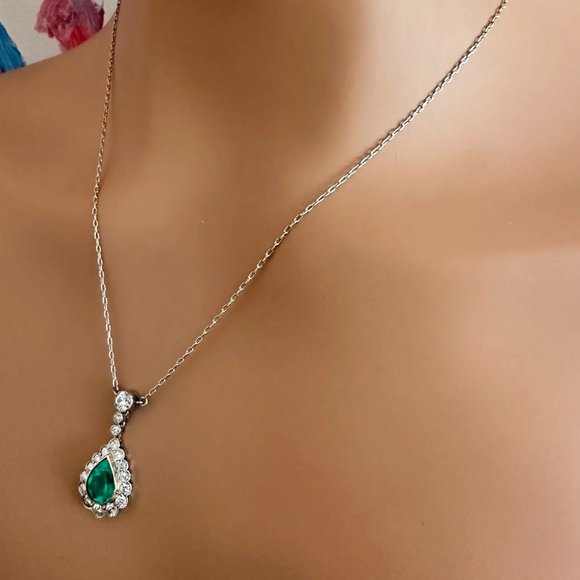 Vintage Estate Platinum Diamond Emerald Earrings Necklace Set - Picture 5 of 11